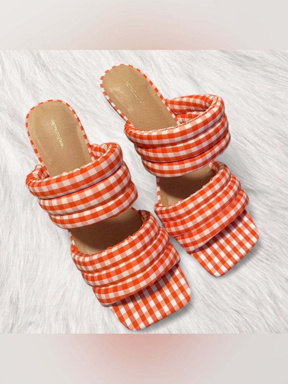 Prettylittlething Orange Gingham Square Toe Kitten Heels - Picture 2 of 4